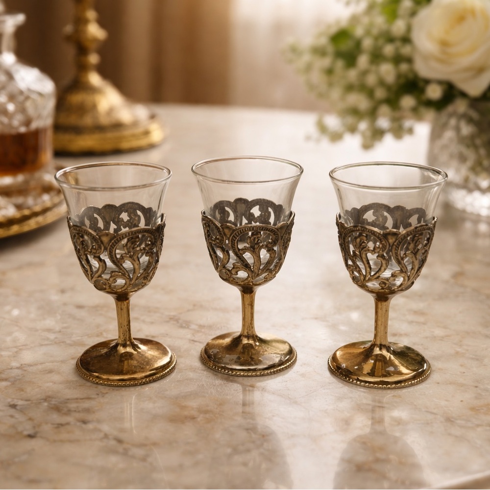 E9 antimony Silver plated shot Glass Set x3